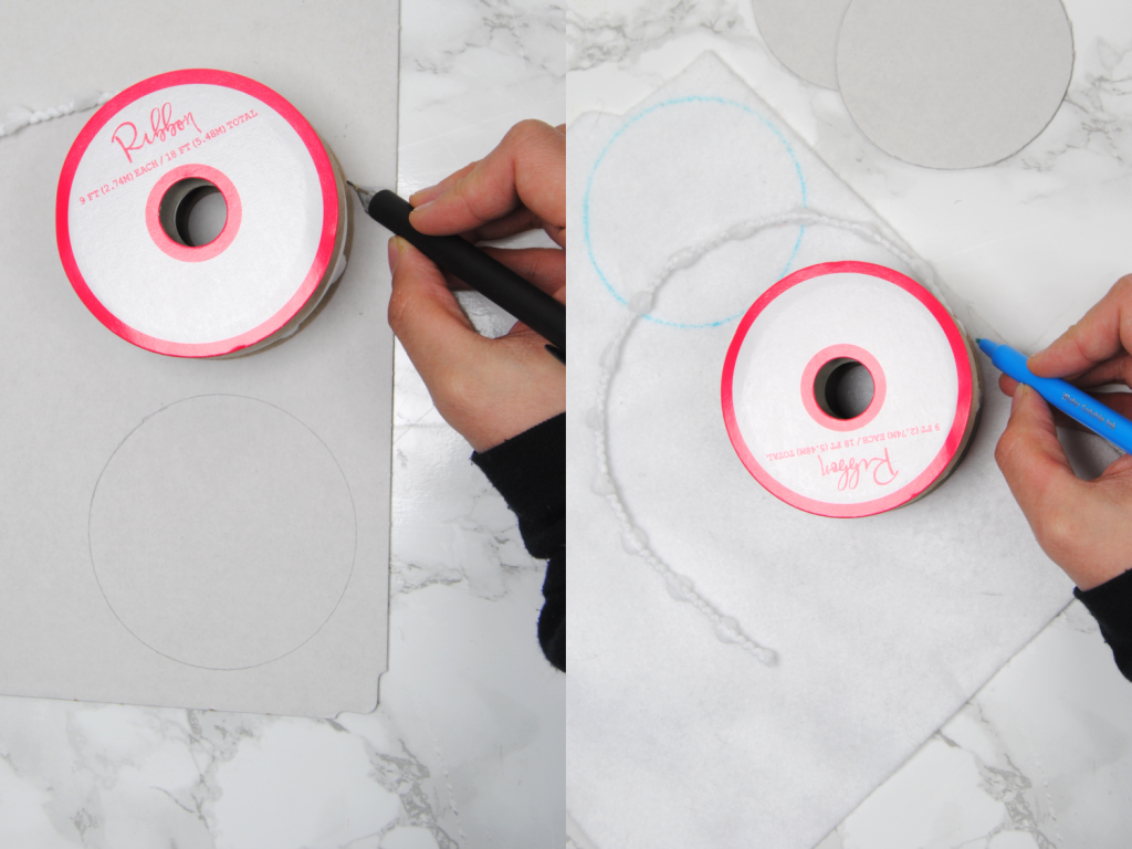 Demonstrating how to trace out circles on cardboard and cloth.