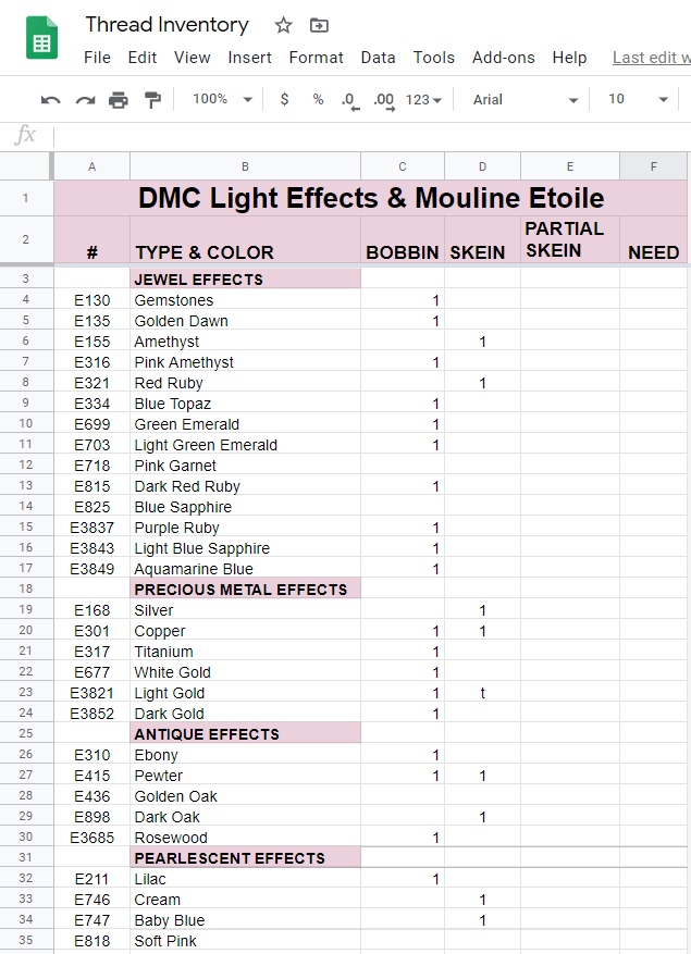 Google spreadsheets showing just a basic list of DMC light effects thread inventory.