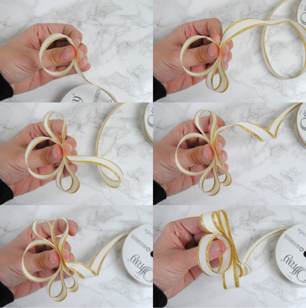 Demonstrating how to fold your ribbon to decorate the top of your bauble.