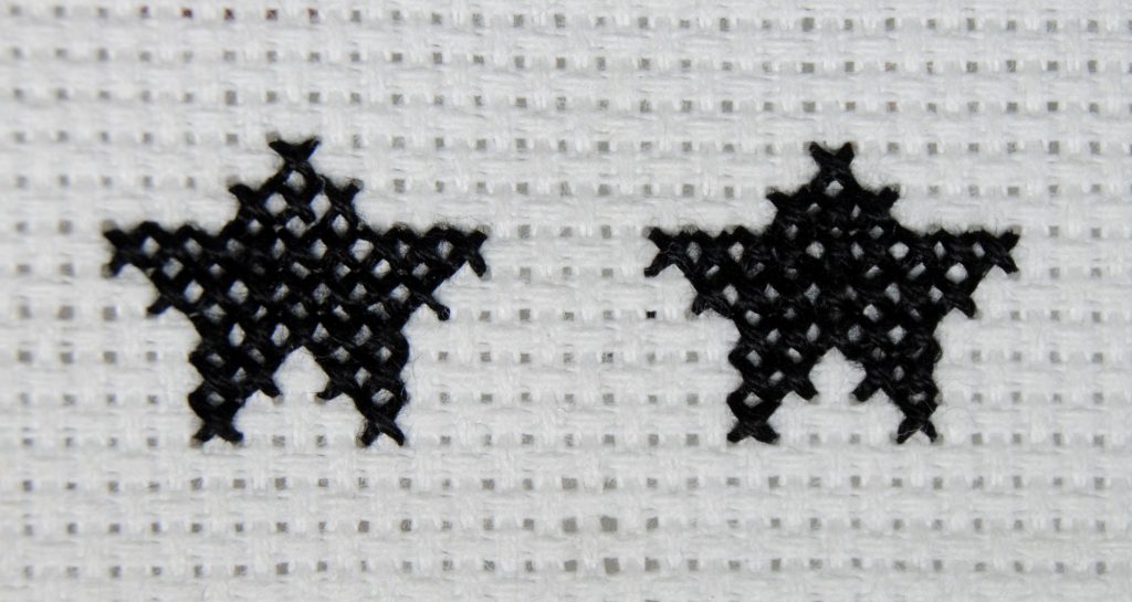 Comparison stitch, one stars stitched normally, and one railroaded