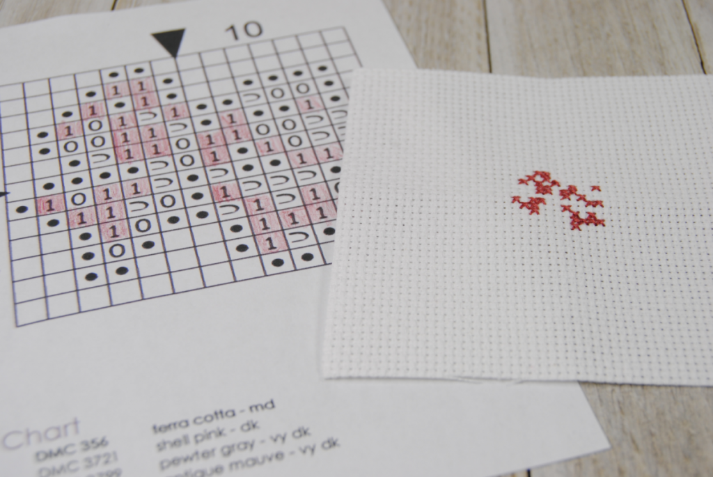 A cross stitch project in progress, showing how to mark off your pattern as you go.