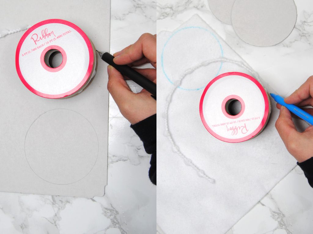 Using a ribbon spool to trace perfect circles onto felt.