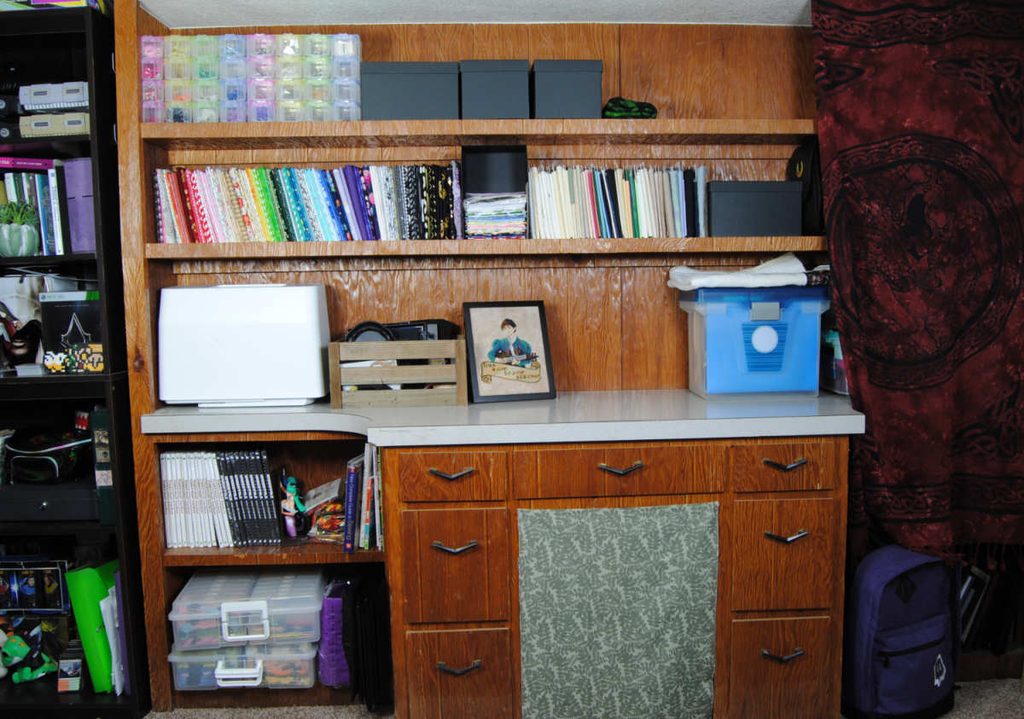Fabric storage example featuring mini bolts in a built in desk.