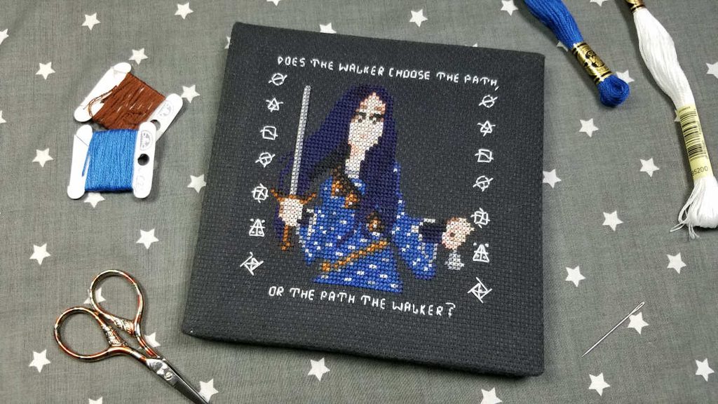 Cross stitch of Sabriel from the Abhorsen book series.