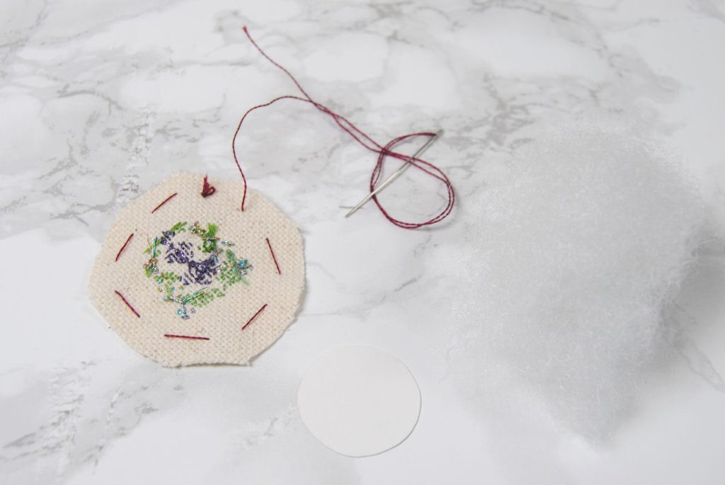 Materials for a cross stitch pendant.