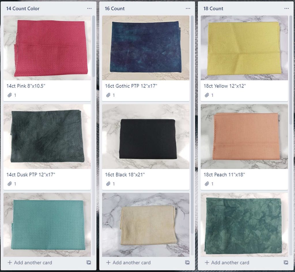 Screenshot of a Trello board used for managing fabric inventory.