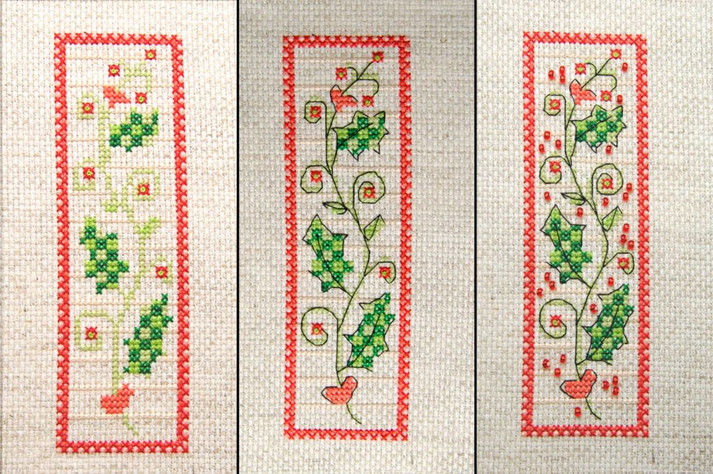 The same cross stitch project with just plain cross stitches, with backstitch added, and finally with beads added.