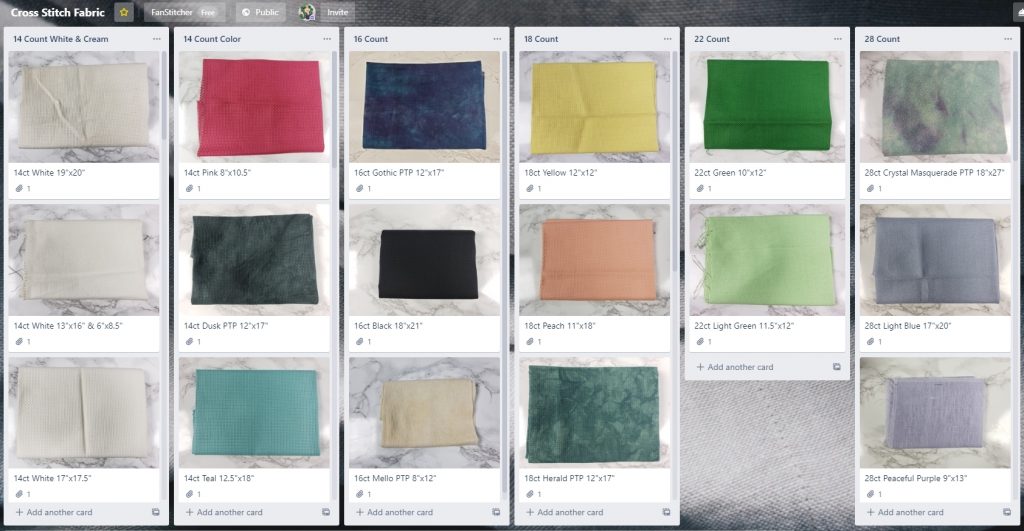 Trello overview of my Fabric Inventory board