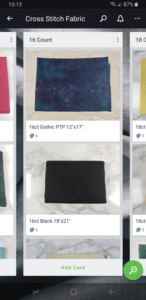 Trello mobile view showing fabric inventory