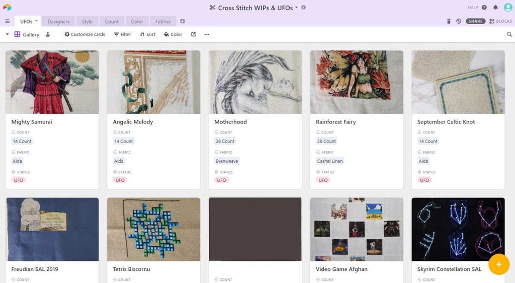 Airtable gallery view showing inventory of WIPs and UFOs