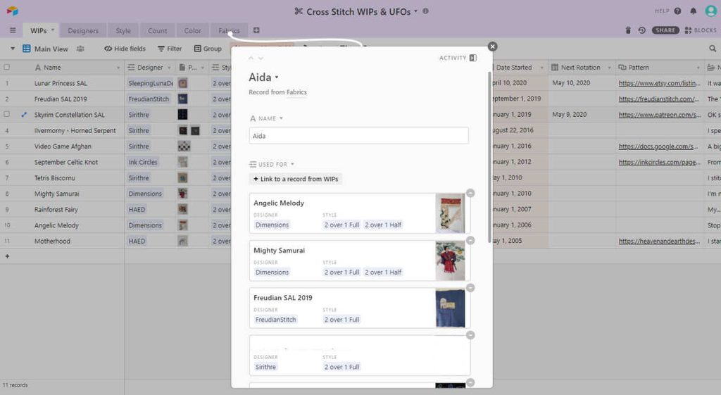Airtable record view showing which wips are assigned to a type of aida