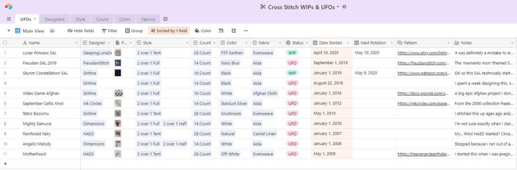 Airtable view showing a list of cross stitch wips and UFOs