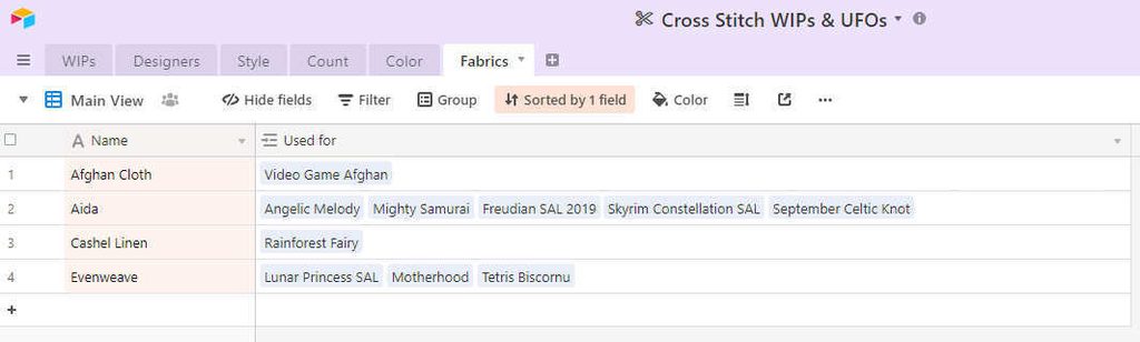 Airtable records view showing which wips are assigned to a type of fabric.