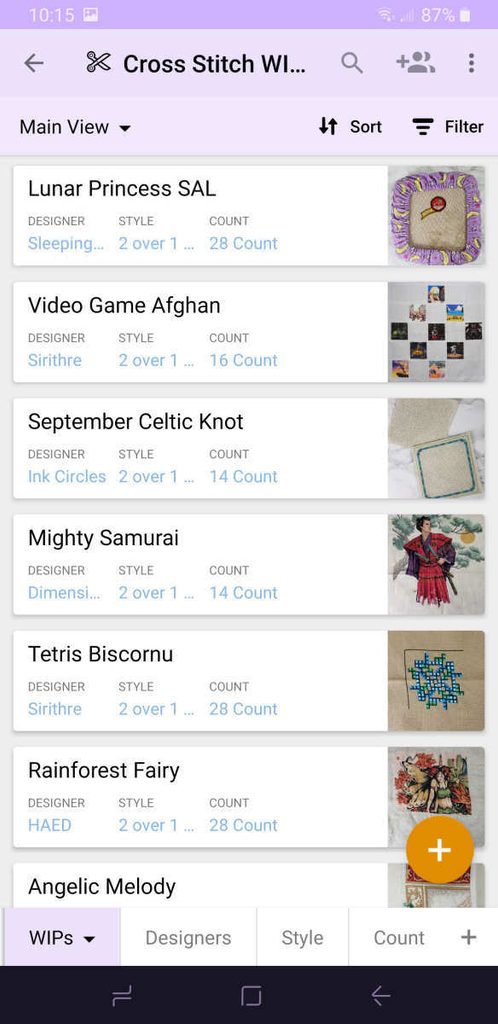 Airtable mobile view example tracking cross stitch wips