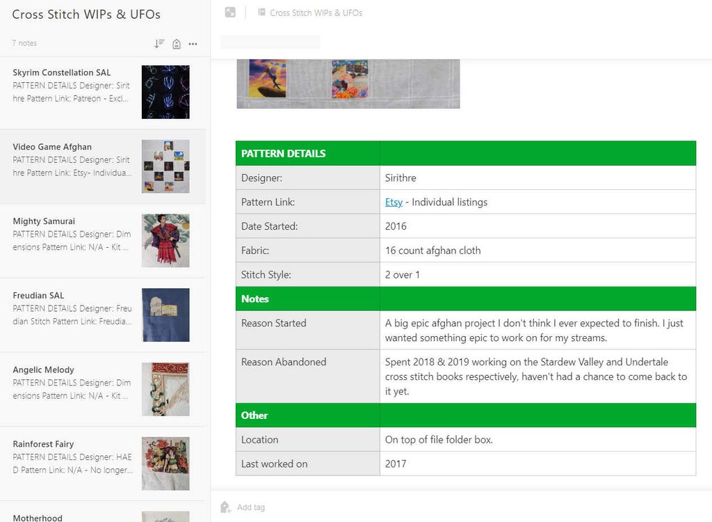 Evernote example for tracking cross stitch projects