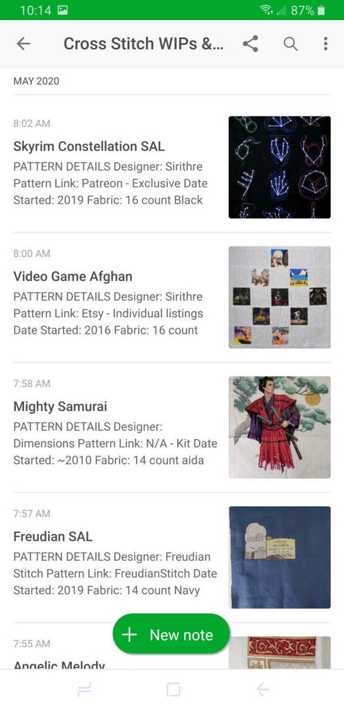 Evernote mobile view example for tracking cross stitch projects