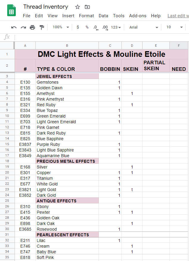 Google spreadsheets desktop view showing DMC cotton inventory
