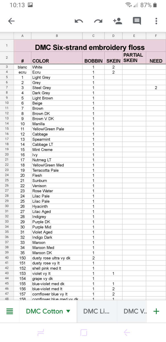 Google spreadsheets mobile view showing DMC cotton inventory