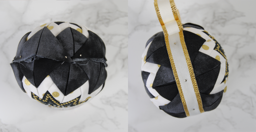 showing the side of the ornament before and after ribbon