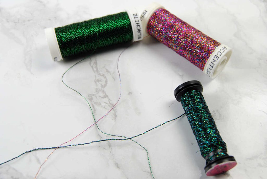 Comparing thread weight of Kreinik braid, Bijoux, and Accentuate.