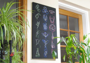 Cross stitch of the Skyrim skill constellations finished as a stretched canvas.