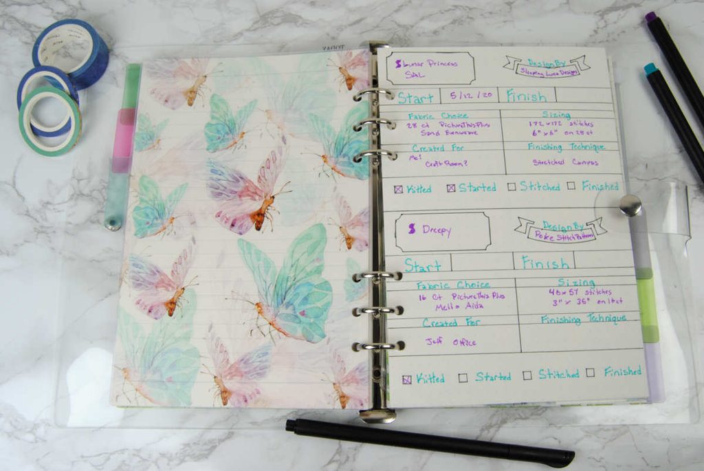 Filled in pattern cross stitch planning spread.