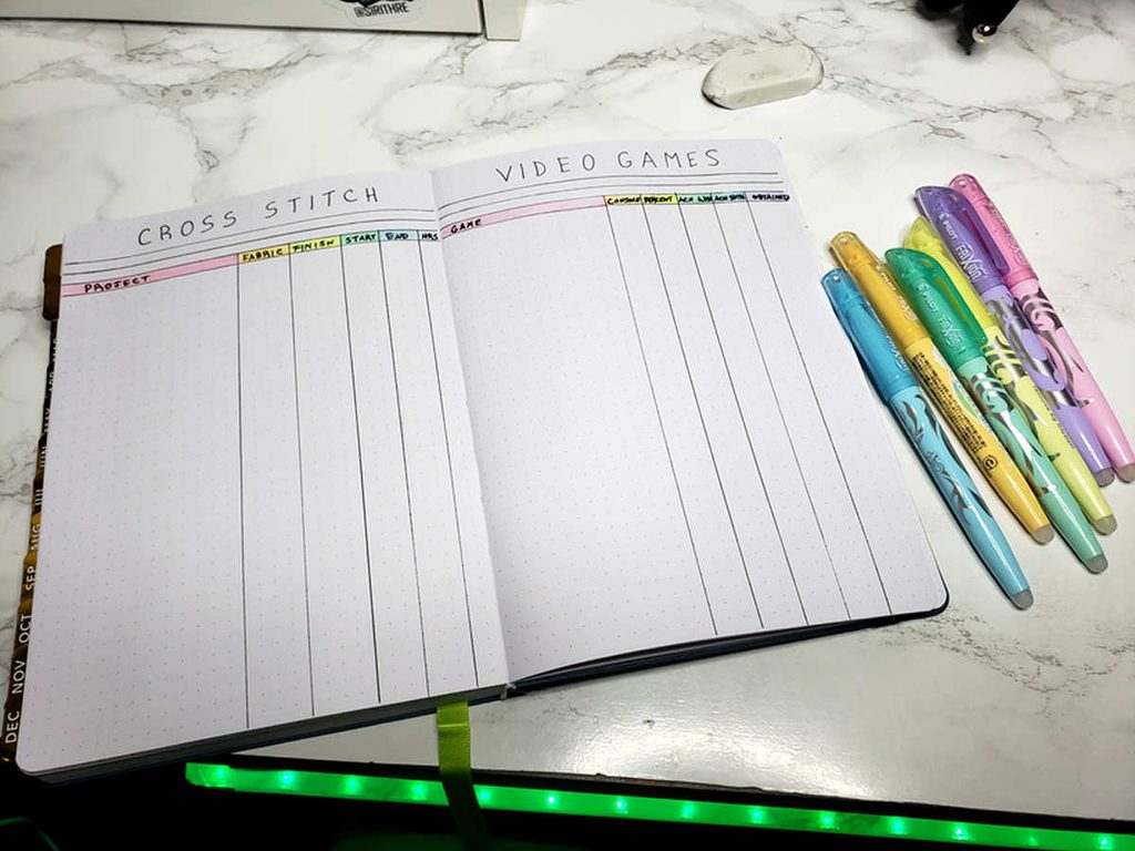 Minimal project tracking layout for cross stitch projects and video game finishes.