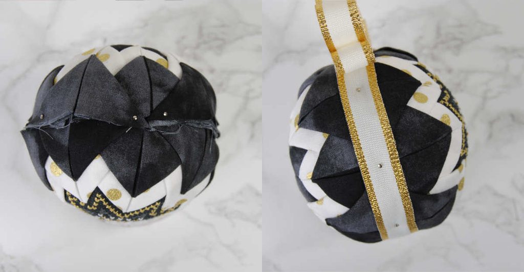 Showing the side of the ornament before and after ribbon.