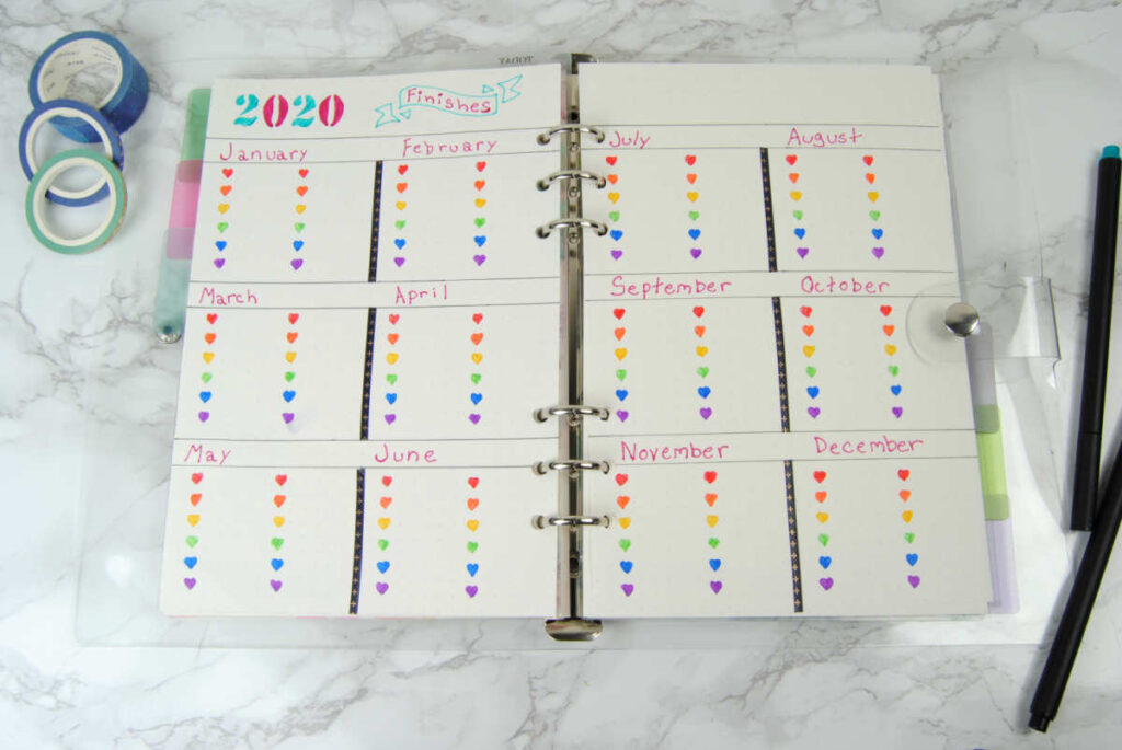 Blank yearly spread for tracking monthly cross stitch project finishes.