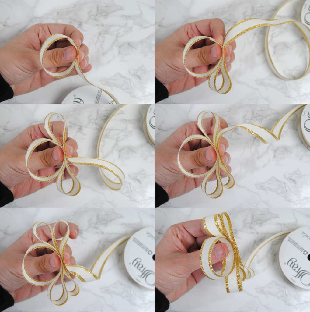 Demonstrating how to fold your ribbon to decorate the top of your quilted ornament.