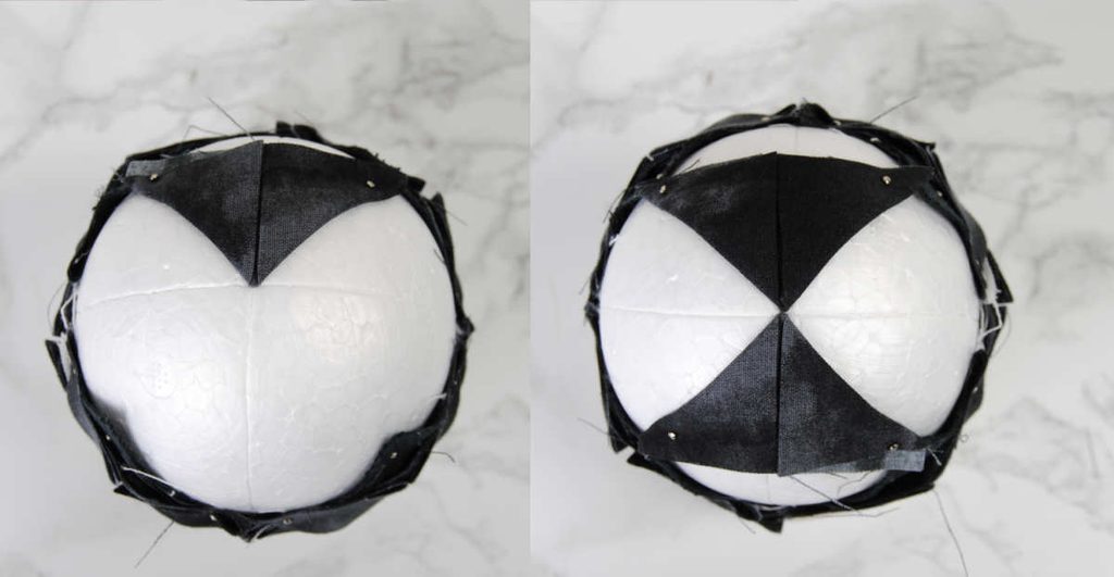 Demonstrating the beginning pieces of the second side of a quilted ornament.