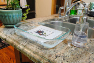 Cross stitch submerged in soapy water for washing.