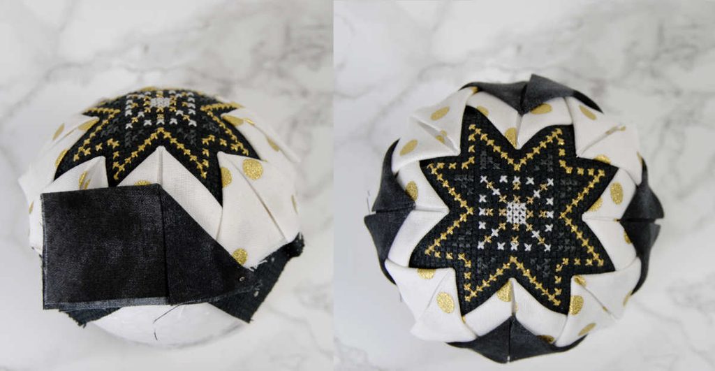Overview of the finished first half of the quilted ornament
