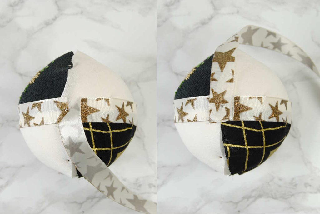 Demonstrating wrapping the fabric ornament with a thick ribbon.