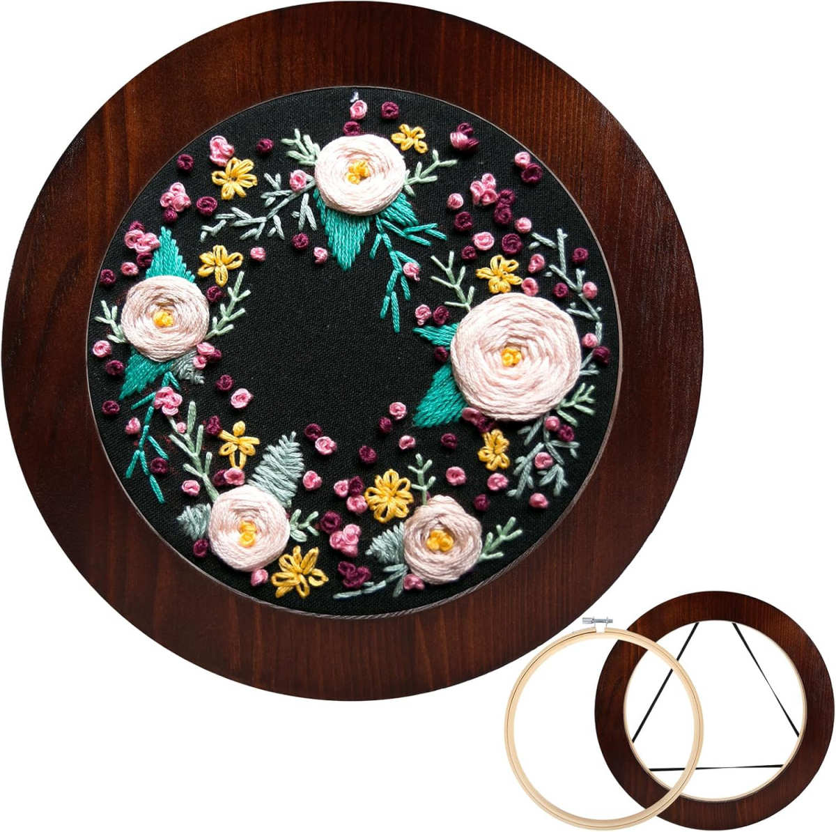 A dark wood frame designed to slot an embroidery hoop into.