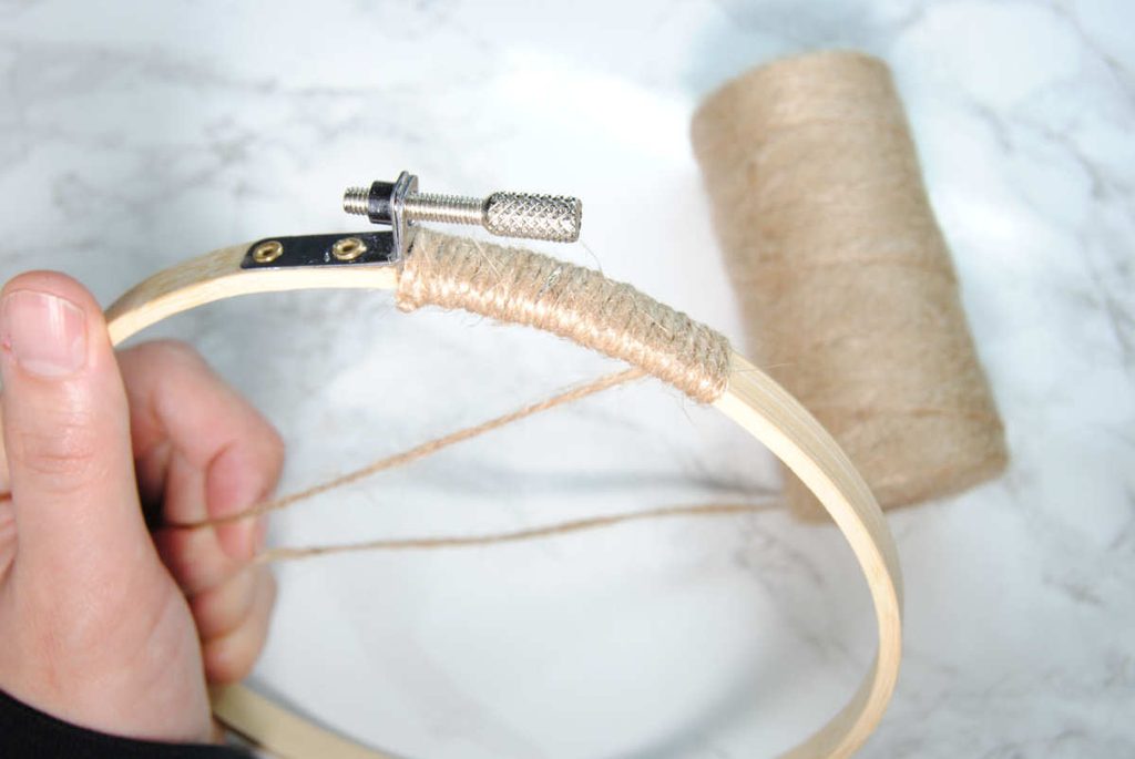 Testing how an embroidery hoop might look wrapped in jute twine.