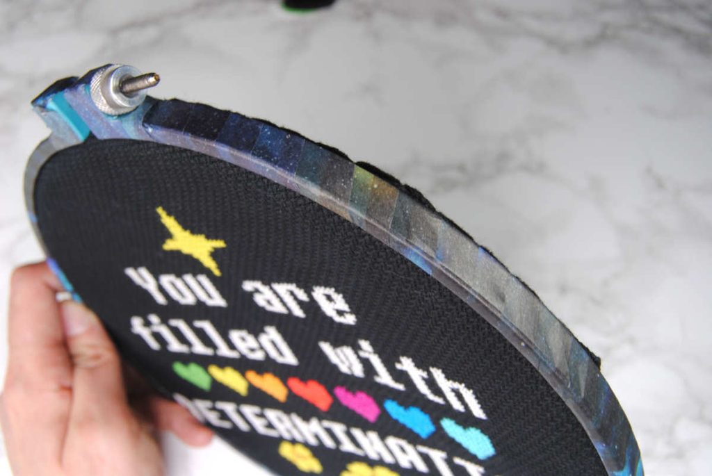 Close up of a washi tape wrapped plastic hoop
