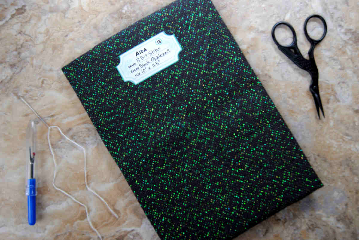 Black opalescent aida hand dyed by 8BitStitch