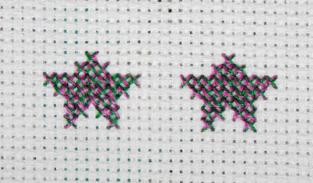 Comparison cross stitch - Two stars stitched with blends, one stitched normally and one railroaded
