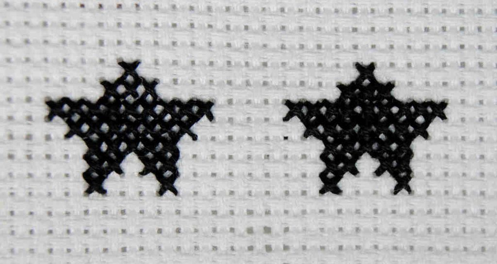 Comparison cross stitch, one star stitched normally, and one railroaded