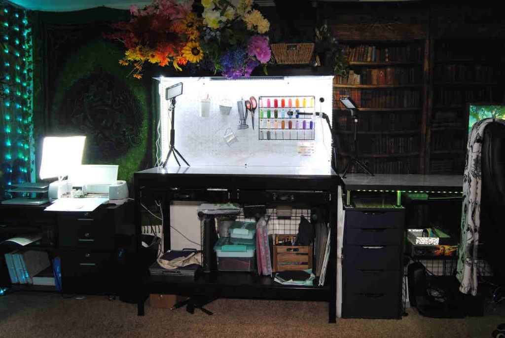 A workbench used as a product photography space in a craft room.