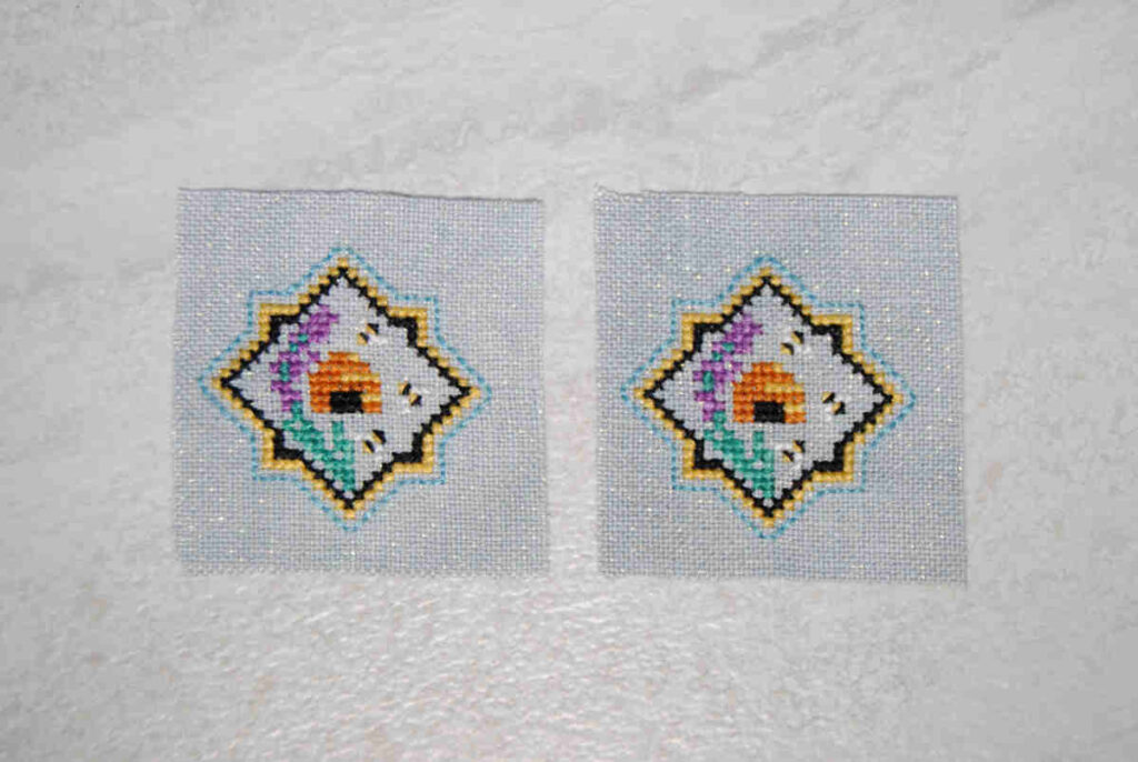 Two small bee themed cross stitch featuring a beehive and lavender