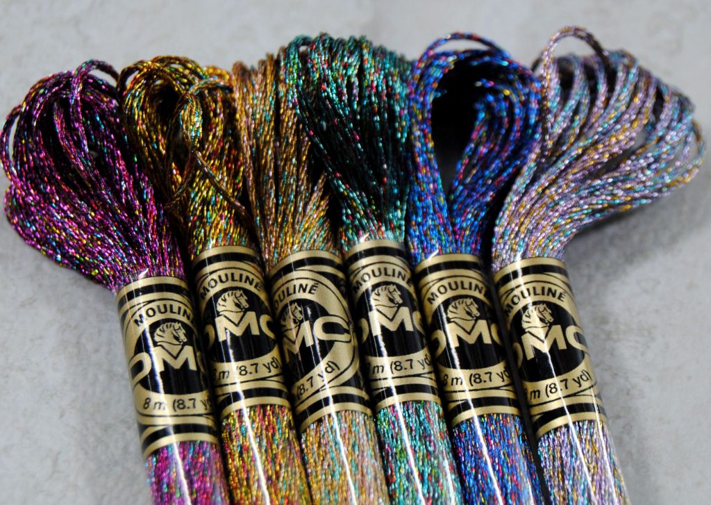 Close up of 6 skeins of DMC Light Effects from the Blended Favorites pack