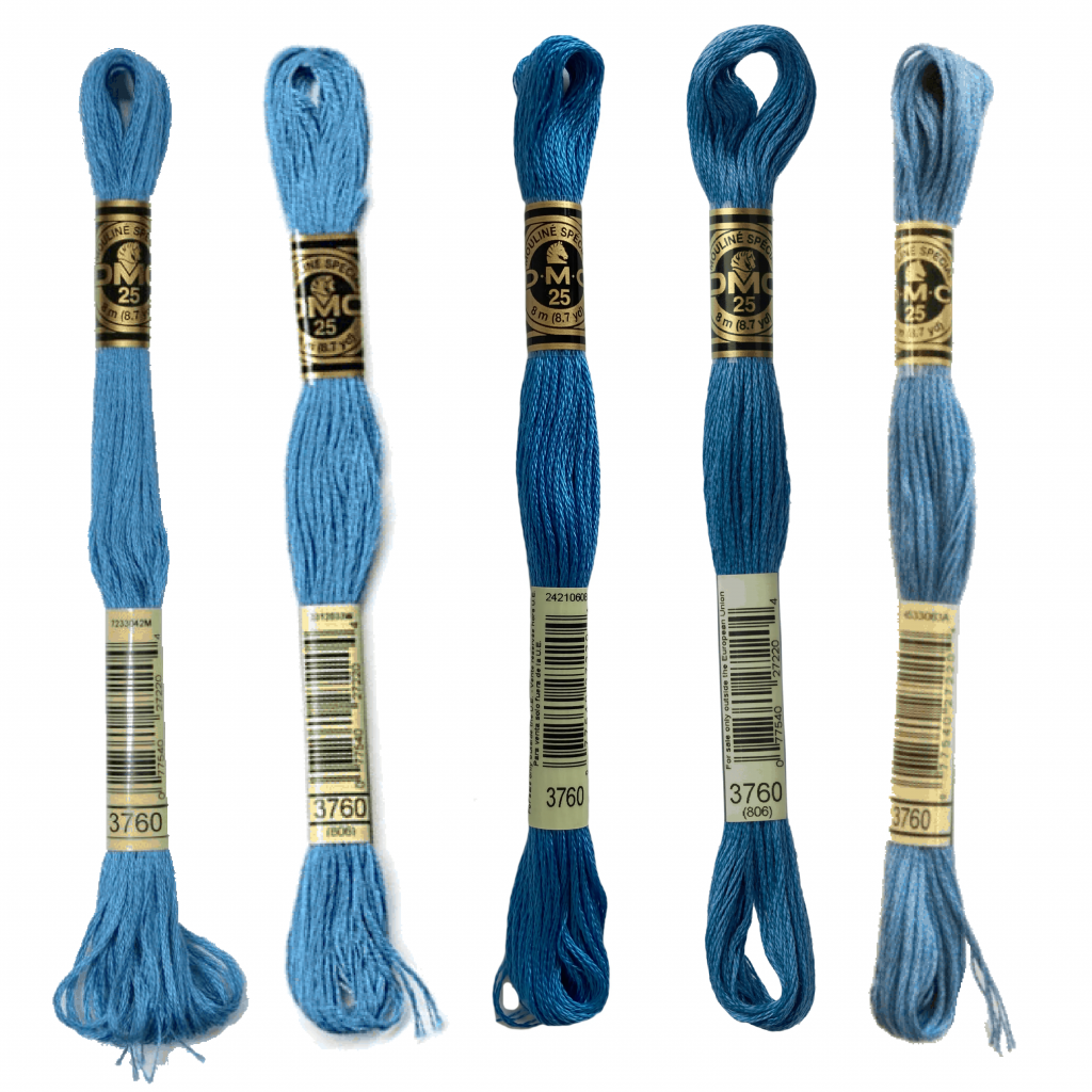 Several different photos of a skein of DMC 3760